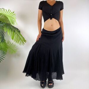 Vintage Y2K Black Fairy Grunge Low Rise Indie Boho Ruffle Maxi Skirt / Size: 14